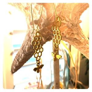 Unique Handmade Gold Bee and Honeycomb earrings